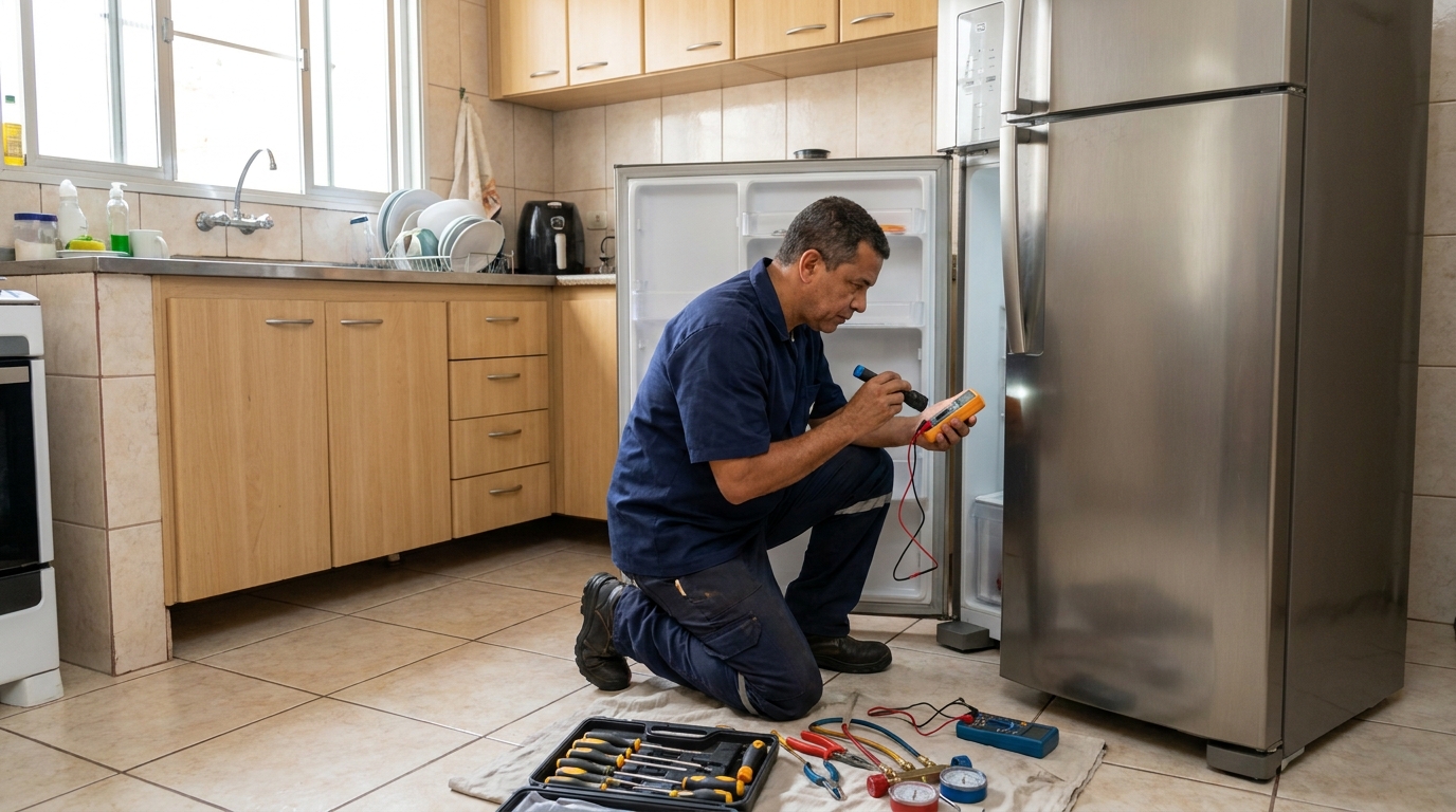 Técnico aplicando recarga de gás refrigerante em geladeira no Jardim Leonor, Londrina‑PR